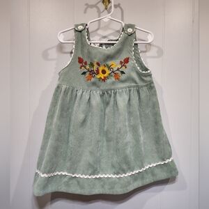 Girls 3T Green Corduroy Fall Dress‎  Embroidered Sunflower & Leaves Boutique